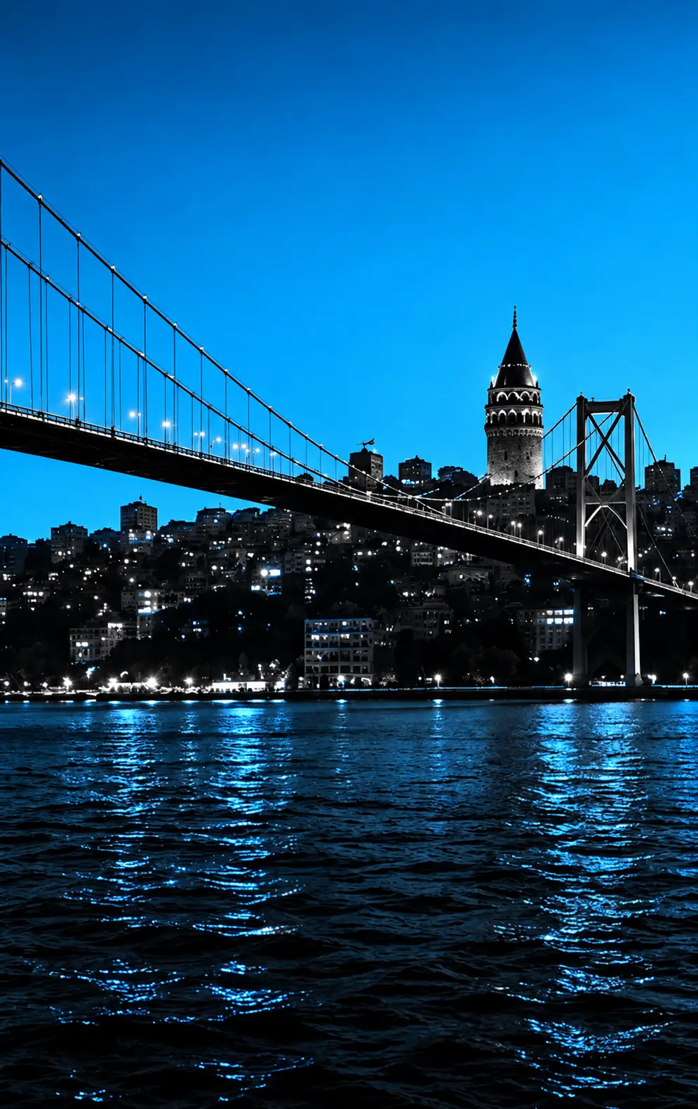 Istanbul, bridge and Galata tower beneath a blue sky